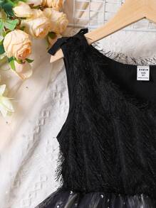 Tween Girl Black Fringe Trim Bow + Gradient Star Printed Sheer Mesh Splice Sleeveless Dress For Summer - Multicolor - View 4