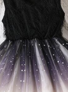 Tween Girl Black Fringe Trim Bow + Gradient Star Printed Sheer Mesh Splice Sleeveless Dress For Summer - Multicolor - View 5