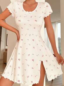 CottageSlumber 小碎花印花生菜边开叉大腿睡衣睡裙 - 白色 - 查看 3