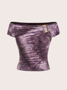 SHEIN ICON Áo phông Crop Phương Tây Cô gái cao bồi Nhuộm buộc Off Shoulder Chi tiết khóa - Màu tím hoa cà - Xem 1