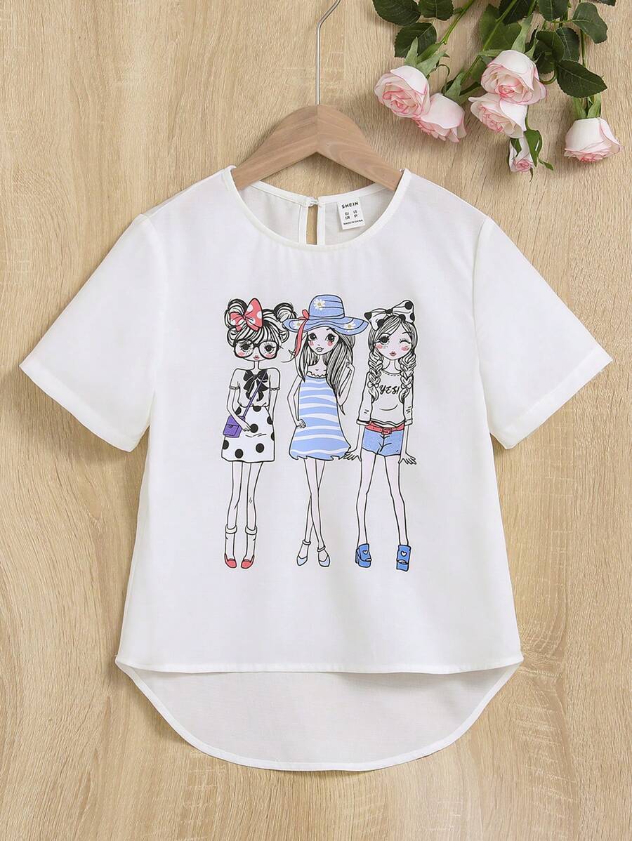 SHEIN Tween 女童休闲百搭肖像印花高低下摆衬衫 - 白色 - 查看 1