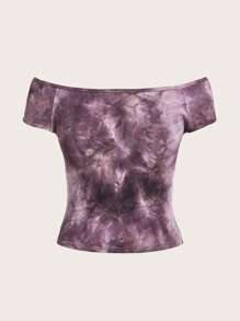 SHEIN ICON Áo phông Crop Phương Tây Cô gái cao bồi Nhuộm buộc Off Shoulder Chi tiết khóa - Màu tím hoa cà - Xem 2
