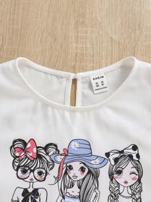 SHEIN Tween 女童休闲百搭肖像印花高低下摆衬衫 - 白色 - 查看 4