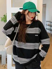 Pullover de rayas de hombros caídos - Negro - Ver 3