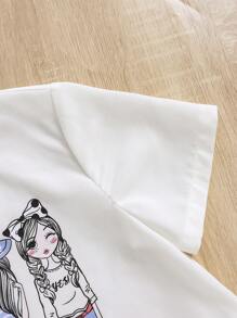 SHEIN Tween 女童休闲百搭肖像印花高低下摆衬衫 - 白色 - 查看 6