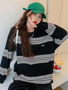 Pullover de rayas de hombros caídos - Negro - Ver 5