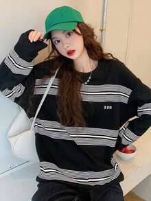 Pullover de rayas de hombros caídos - Negro - Ver 6