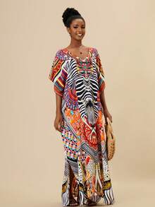 加上斑马和地理印花开叉大腿罩衫休闲服连衣裙长袍，适合夏季海滩度假 - 彩色 - 查看 11