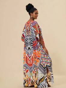 加上斑马和地理印花开叉大腿罩衫休闲服连衣裙长袍，适合夏季海滩度假 - 彩色 - 查看 5