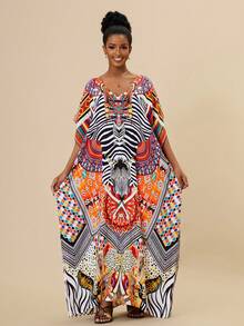 加上斑马和地理印花开叉大腿罩衫休闲服连衣裙长袍，适合夏季海滩度假 - 彩色 - 查看 6