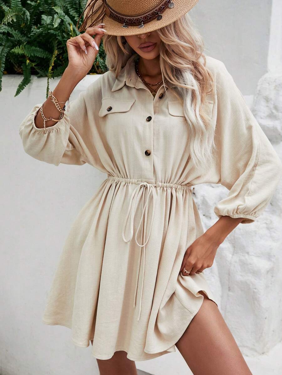 SHEIN Frenchy 蝙蝠袖腰部抽繩襯衫連衣裙 - 米色 - 查看 1