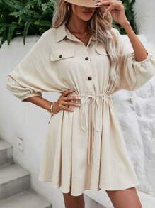 SHEIN Frenchy 蝙蝠袖腰部抽繩襯衫連衣裙 - 米色 - 查看 3