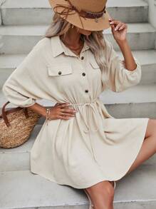 SHEIN Frenchy 蝙蝠袖腰部抽繩襯衫連衣裙 - 米色 - 查看 4