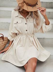 SHEIN Frenchy 蝙蝠袖腰部抽繩襯衫連衣裙 - 米色 - 查看 6