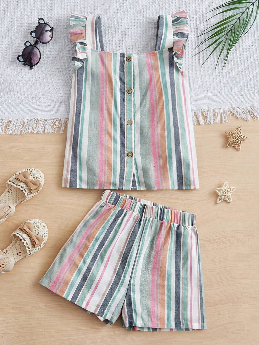 SHEIN Chicas Shorts con top con estampado de rayas ribete con fruncido - Multicolor - Ver 1