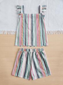SHEIN Chicas Shorts con top con estampado de rayas ribete con fruncido - Multicolor - Ver 2