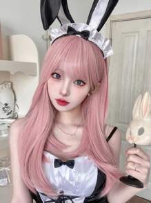 Long Straight Synthetic Wig With Bangs - Pink - View 1