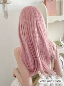Long Straight Synthetic Wig With Bangs - Pink - View 2