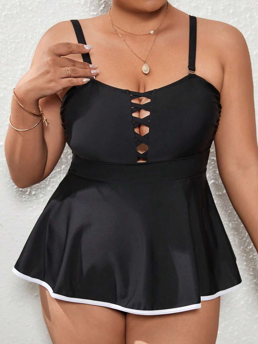 Plus Size Contrast Binding Cut Out Peplum Tankini Summer Beach - Black - View 1