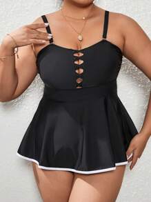 Plus Size Contrast Binding Cut Out Peplum Tankini Summer Beach - Black - View 5