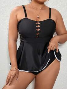 Plus Size Contrast Binding Cut Out Peplum Tankini Summer Beach - Black - View 6