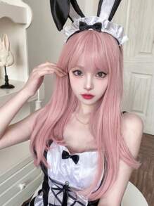 Long Straight Synthetic Wig With Bangs - Pink - View 3