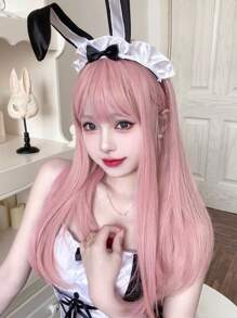 Long Straight Synthetic Wig With Bangs - Pink - View 4