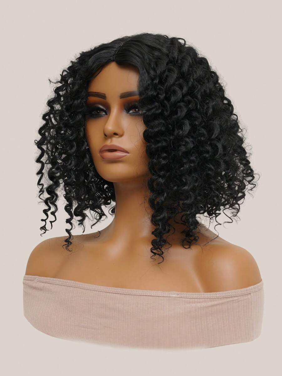 Medium Curly Synthetic Wig - Black - View 1