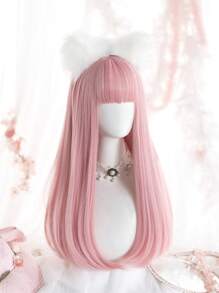 Long Straight Synthetic Wig With Bangs - Pink - View 6