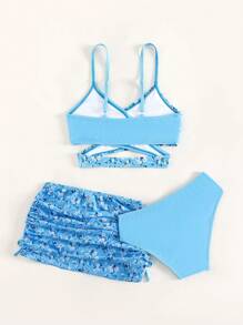 青少年女孩碎花裹身比基尼套装搭配沙滩裙夏日海滩 - 淺藍色 - 查看 2