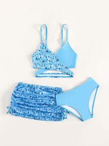 青少年女孩碎花裹身比基尼套装搭配沙滩裙夏日海滩 - 淺藍色 - 查看 5