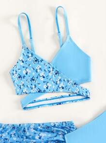 青少年女孩碎花裹身比基尼套装搭配沙滩裙夏日海滩 - 淺藍色 - 查看 3