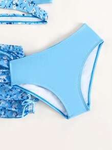 青少年女孩碎花裹身比基尼套装搭配沙滩裙夏日海滩 - 淺藍色 - 查看 4