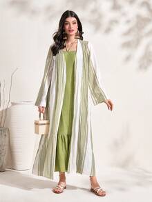 Al Najma Striped Print Open Front Abaya & Cami Dress - Multicolor - View 4