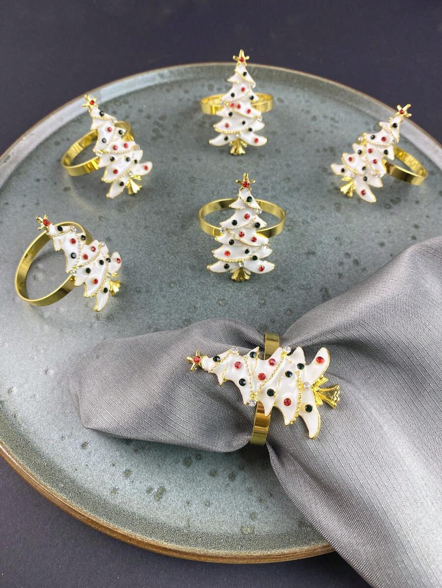6pcs/set Zinc Alloy Napkin Ring, Creative Tree Design Napkin Ring Holder For Kitchen Dining Table - White - View 1