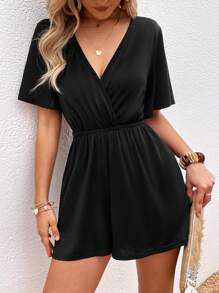 Breezaya Solid Surplice Neck Slant Pocket Romper