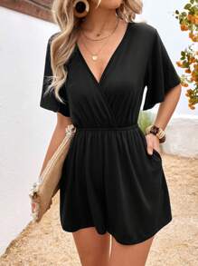 Breezaya Solid Surplice Neck Slant Pocket Romper