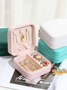 1入組PU皮革首飾類極簡素色多功能首飾收納盒和旅行 - 墨綠色 - 查看 3