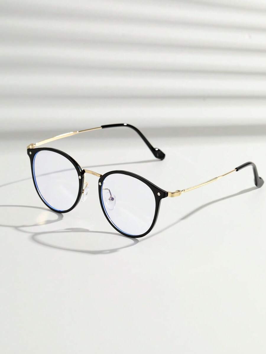1pc Unisex Classic Retro Round Frame Gold Rim Mixed Eyeglasses With Interchangeable Lenses, Comes With Unisex Plain Glasses (Includes Eyeglass Strap) - Black - View 1