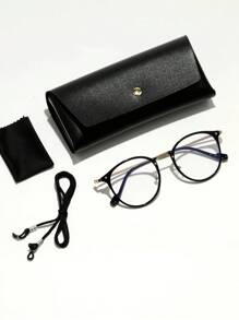 1pc Unisex Classic Retro Round Frame Gold Rim Mixed Eyeglasses With Interchangeable Lenses, Comes With Unisex Plain Glasses (Includes Eyeglass Strap) - Black - View 2