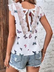 SHEIN VCAY 蝴蝶圖案蕾絲拼接後綁帶襯衫 - 白色 - 查看 3
