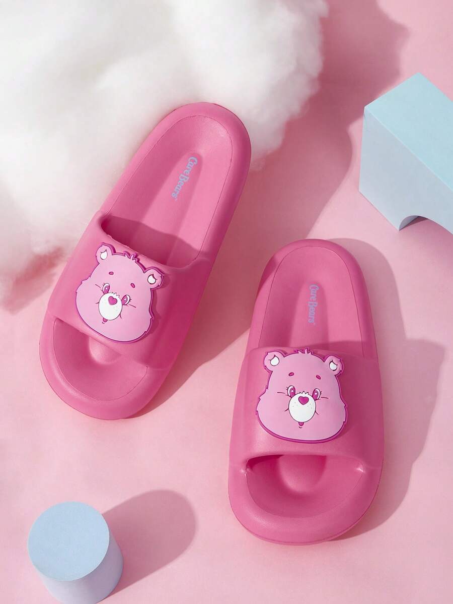 SHEIN X Care Bears Cartoon Bear Patch Decor Slides - Hot Pink - View 1