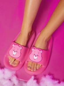 SHEIN X Care Bears Cartoon Bear Patch Decor Slides - Hot Pink - View 2