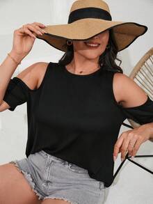 RueChic Plus Cold Shoulder Solid Tee - Black - View 3