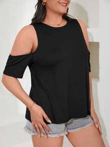 RueChic Plus Cold Shoulder Solid Tee - Black - View 4