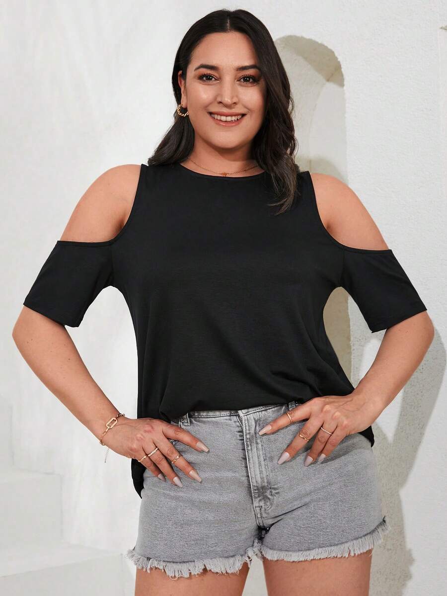 RueChic Plus Cold Shoulder Solid Tee - Black - View 1