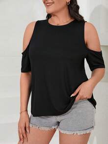 RueChic Plus Cold Shoulder Solid Tee - Black - View 6