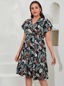 RueChic Plus Tropical Print Butterfly Sleeve Dress - Multicolor - View 3