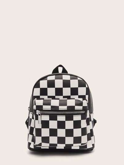 Black And White Checkered American Retro Mini Backpack For Children, PU Material