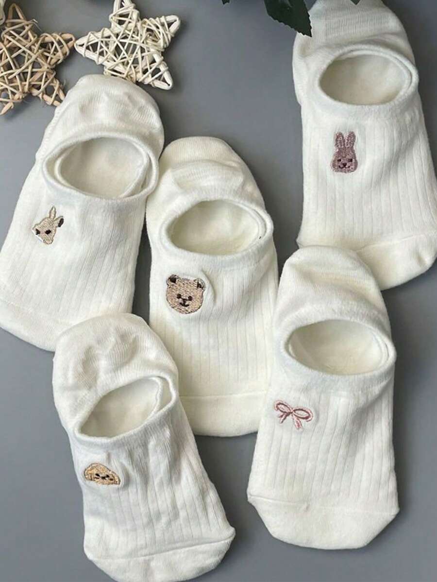 5對白色卡通動物刺繡透氣不露邊防滑船型襪
